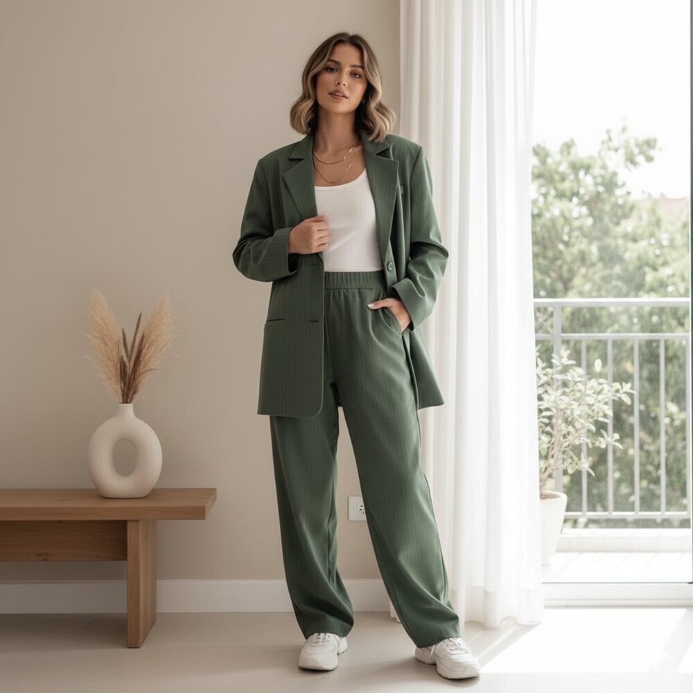 Elliatt Flame Oversized Blazer Jacket Green Pinstripe Size Small NWT